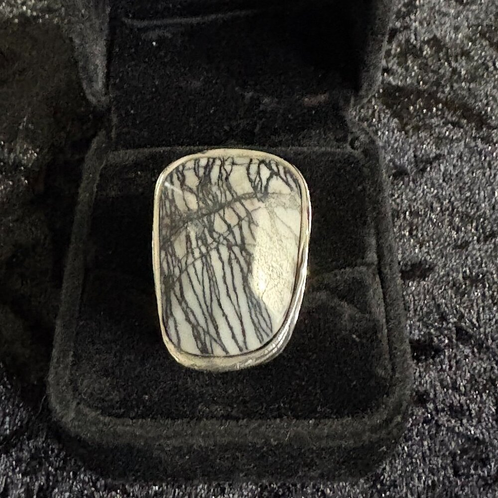 Sterling Silver Black White Agate Abstract Statement Ring